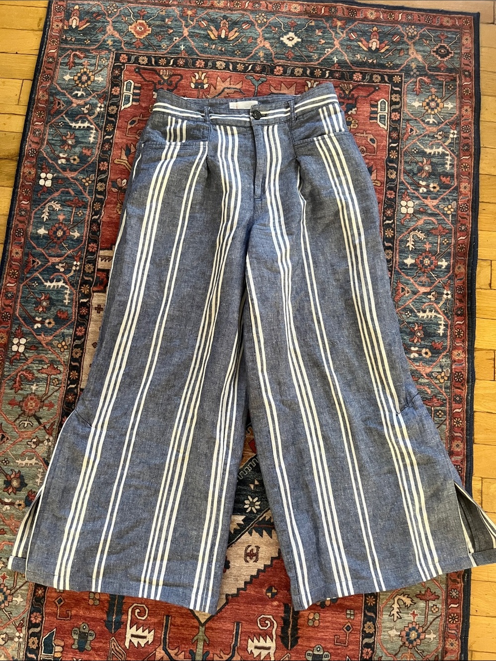 Anthropologie Navy and White Striped Wide-Leg Pants